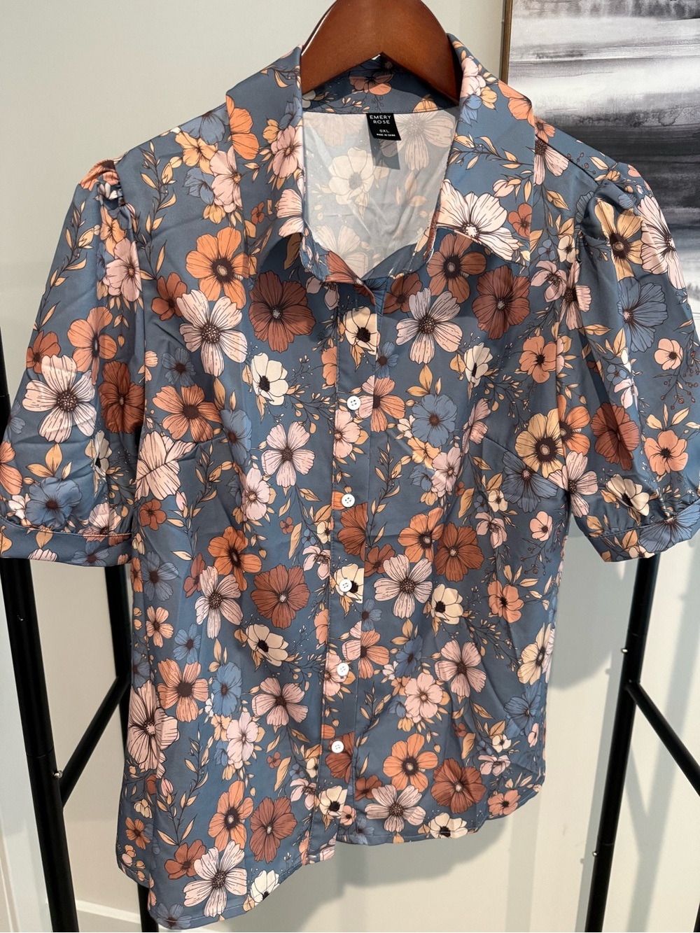Floral Button-Front Puff Sleeve Blouse - Slate Blue & Peach